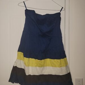 Navy Strapless Colorblock Sundress with Yellow & White Bands